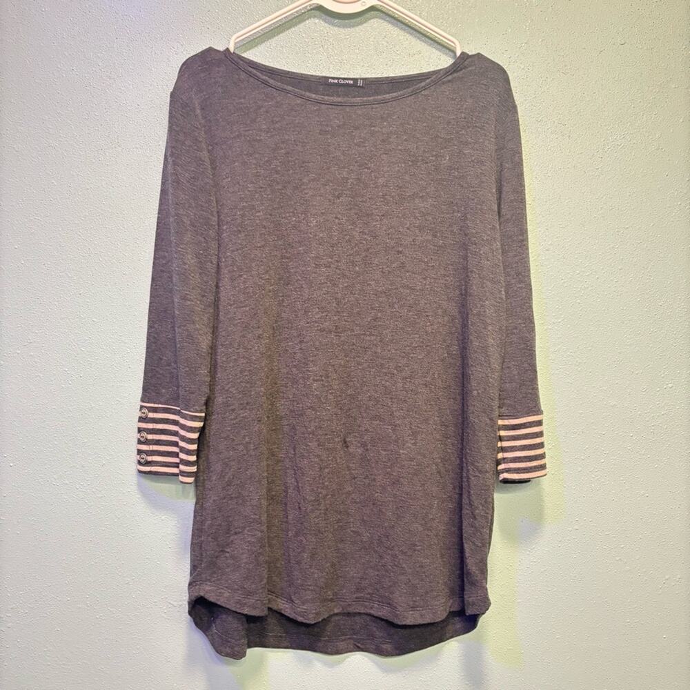 Pink Clover Relaxed Ribbed Tunic 3/4 Sleeve Gray Tan with Button Detail Size M